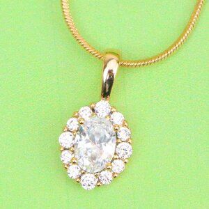 "Oval White Pendant with Halo Design in Gold-Plated Brass Setting, XPPT1812